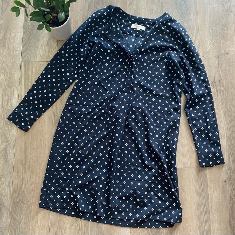 LOFT Navy Pattern Long Sleeve Midi Dress